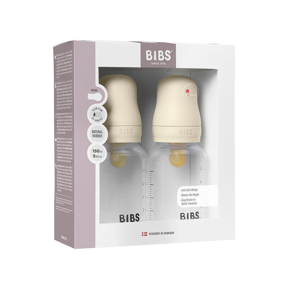 BIBS Baby Bottle Round Nipple Latex 2 Pack 150 Ml Slow Flow Ivory