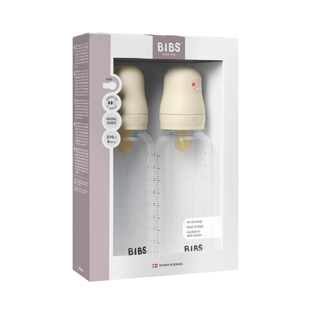 BIBS Baby Bottle Round Nipple Latex 2 Pack 270 Ml Medium Flow Ivory