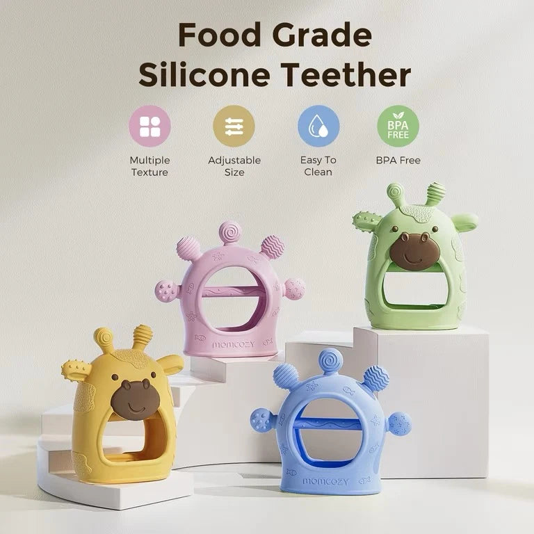 Momcozy - Teething Mittens | 2 Pack | Green Giraffe & Pink Diver