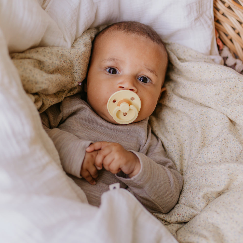 BIBS - Natural Latex Pacifier | Size 1 | 2 Pack | Glow in the Dark | Iron - Baby Blue round nipple