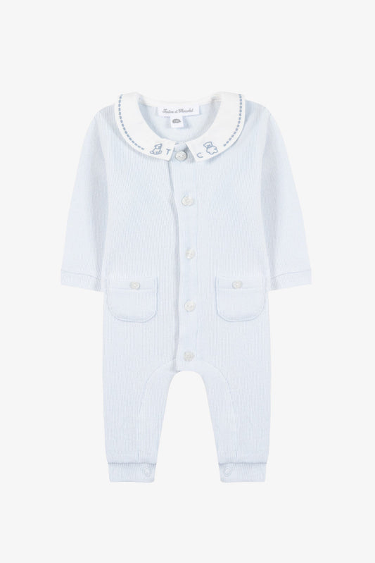 Jumpsuit long
Sky blue cotton Peter pan collar