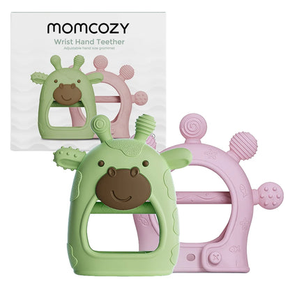 Momcozy - Teething Mittens | 2 Pack | Green Giraffe & Pink Diver