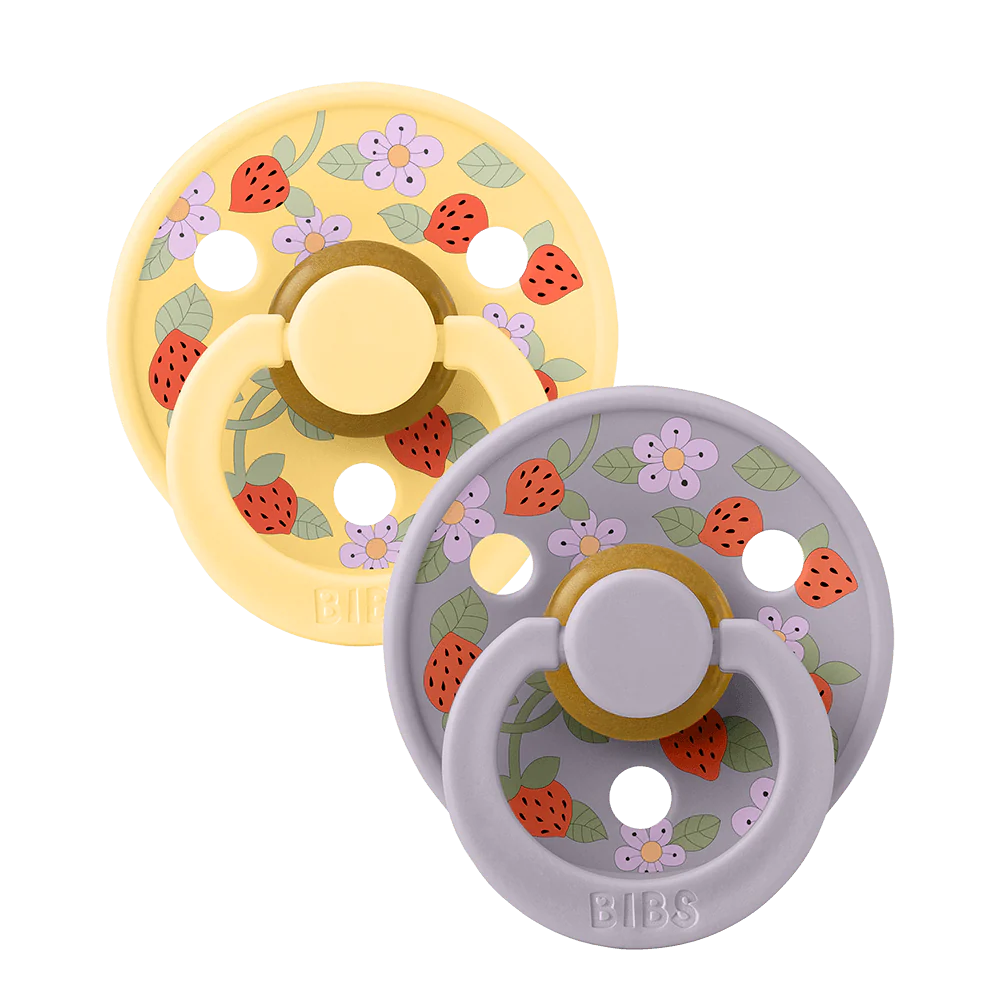 BIBS Round Nipple Pacifier X Liberty 2 Pack Colour Strawberries And Cream Latex Size 1 Pale Butter Mix