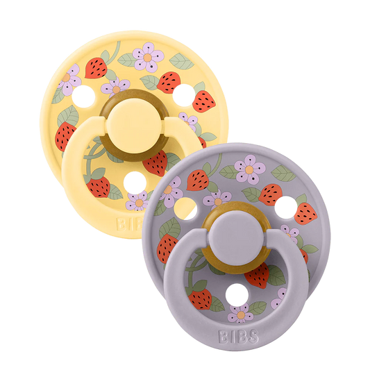 BIBS Round Nipple Pacifier X Liberty 2 Pack Colour Strawberries And Cream Latex Size 1 Pale Butter Mix