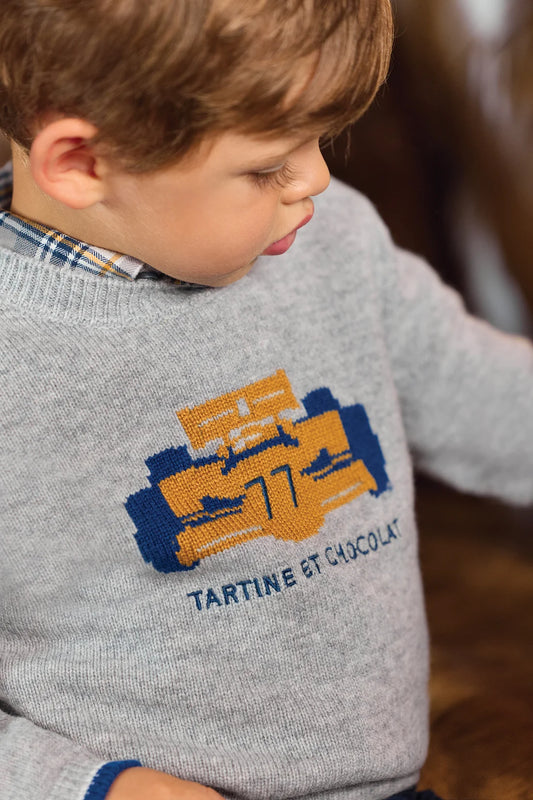 Sweater Grey heather Wool Embrodery car