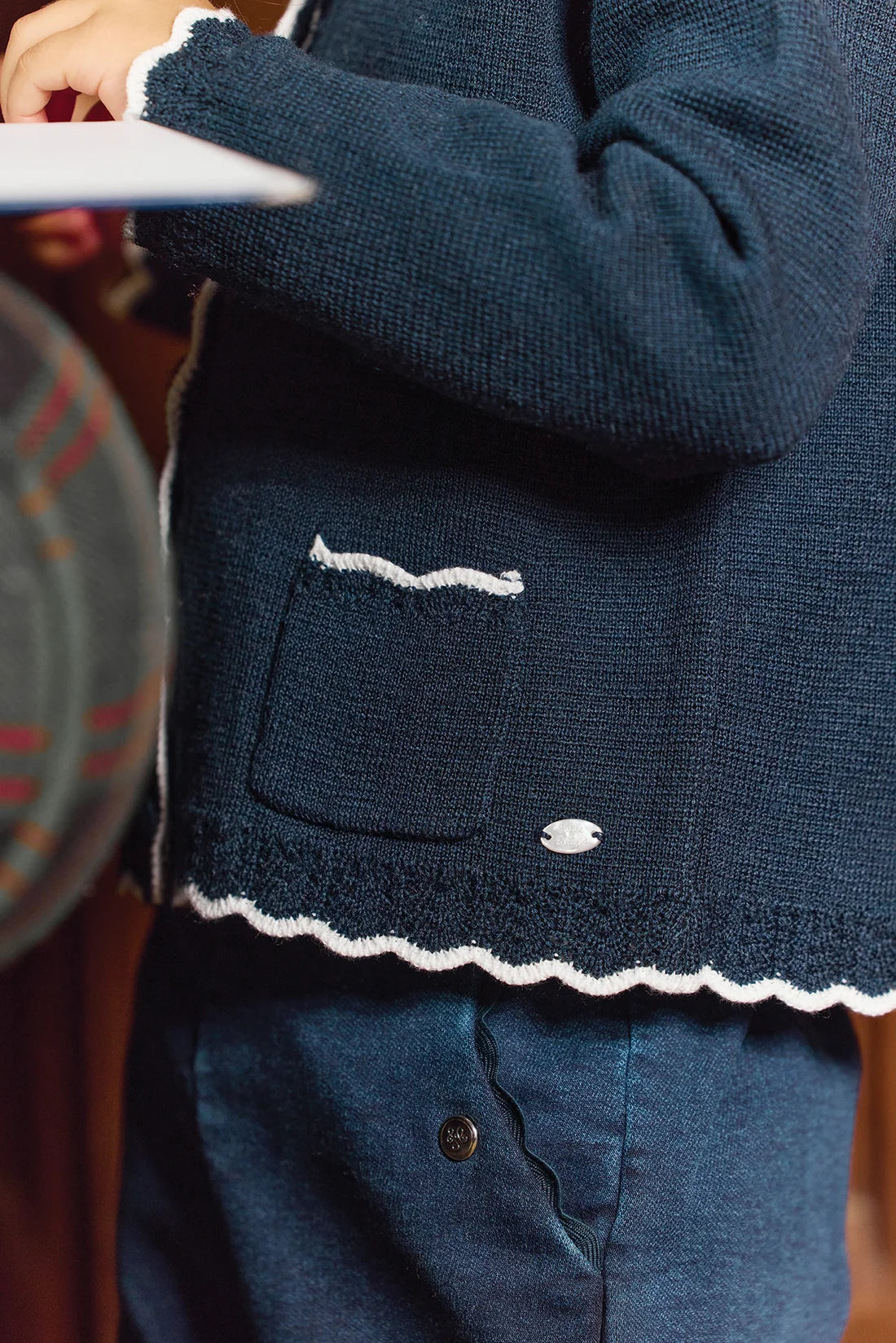 Cardigan Navy Wool Peter pan collar Embrodery English