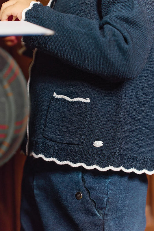 Cardigan Navy Wool Peter pan collar Embrodery English