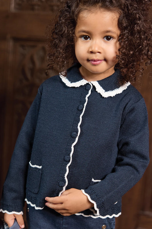 Cardigan Navy Wool Peter pan collar Embrodery English
