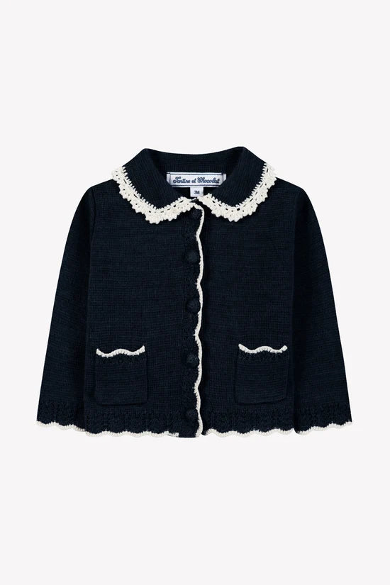 Cardigan Navy Wool Peter pan collar Embrodery English