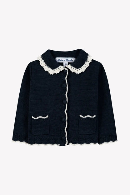 Cardigan Navy Wool Peter pan collar Embrodery English