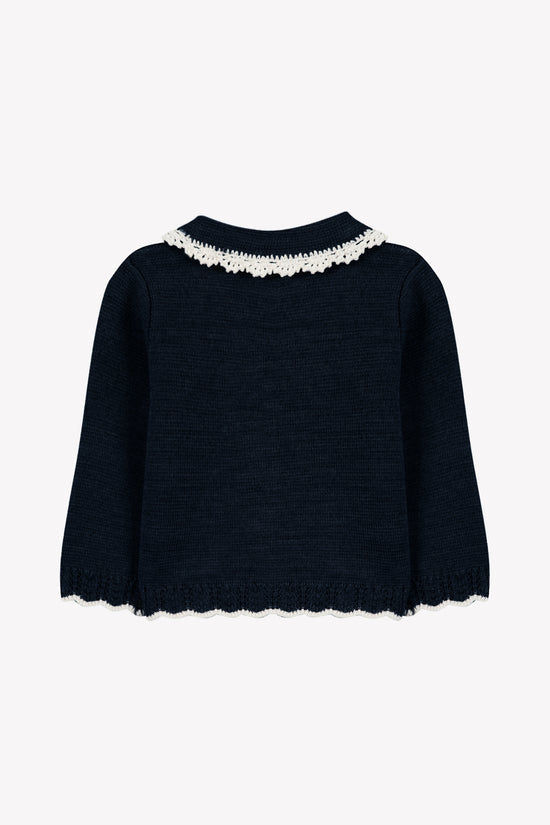 Cardigan Navy Wool Peter pan collar Embrodery English