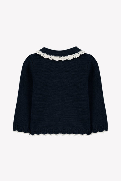 Cardigan Navy Wool Peter pan collar Embrodery English