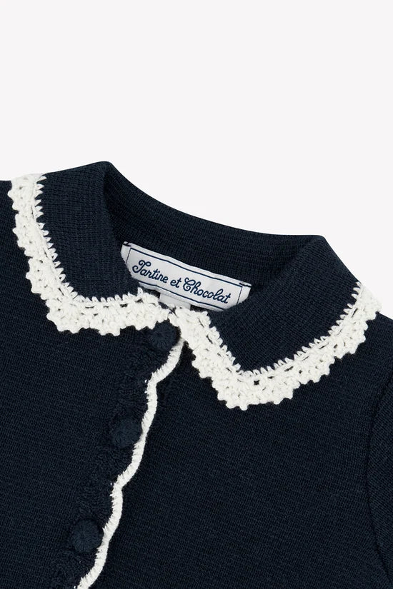 Cardigan Navy Wool Peter pan collar Embrodery English