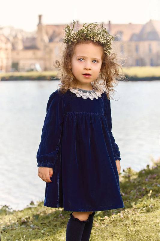 Dress Navy Velvet Collar Race