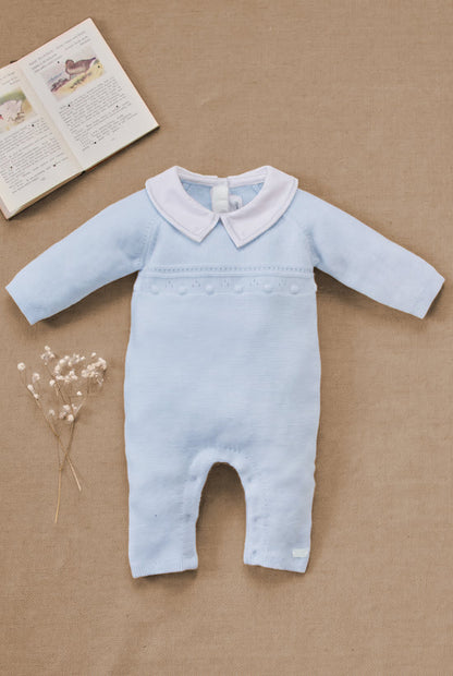 Long jumpsuit Sky blue wool pointed collar