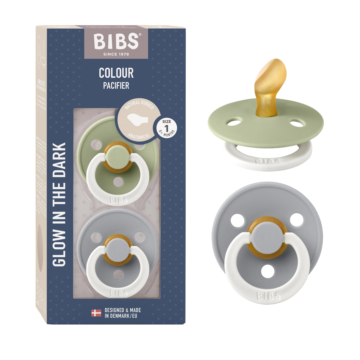 Bibs Colour 2 PACK Latex Size 1 Anatomical Sage GLOW Cloud GLOW