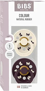 BIBS|pacifier| Colour Holiday Soother 2-Pack,  Round Nipple. Natural Rubber Latex,S1 (0-6 M), Ivory/Plum