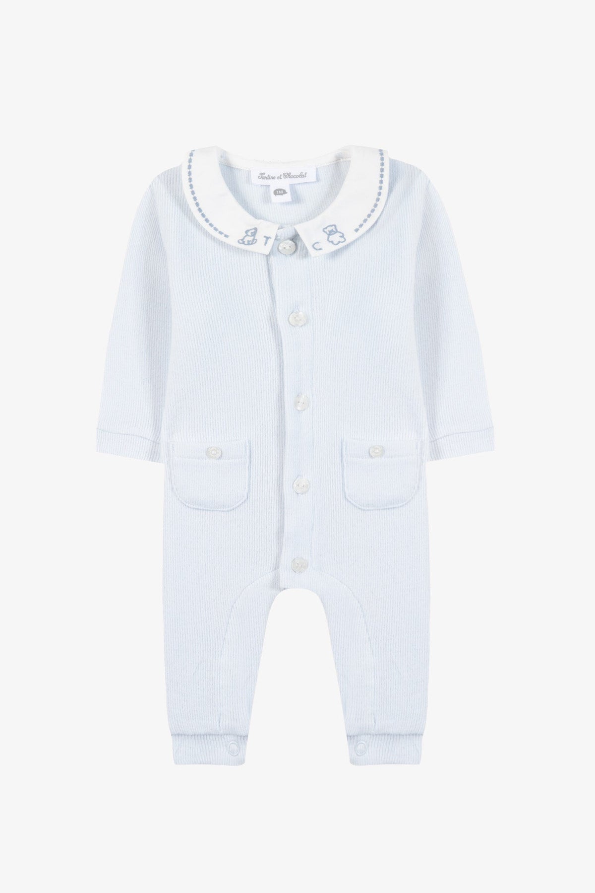 Jumpsuit long
Sky blue cotton Peter pan collar
